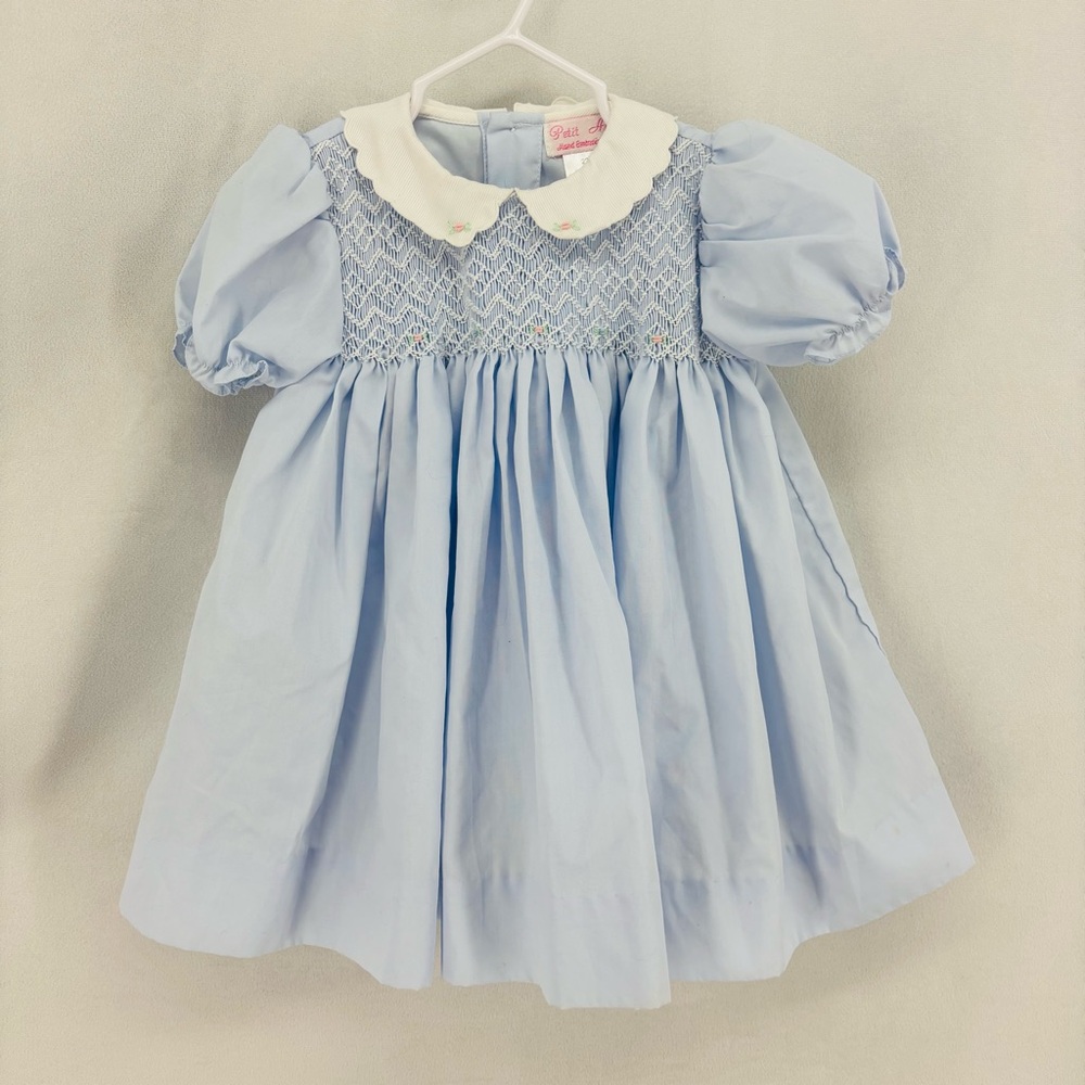 Petit Ami Baby Blue Smocked Dress Peter Pan Collar Puff Sleeve 9 Months bay girl